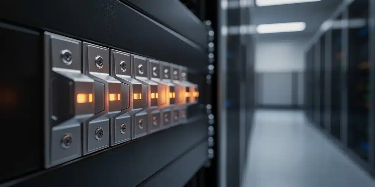 Seven silver relay switches with amber indicator lights mounted on a dark server rack panel in a data center corridor.