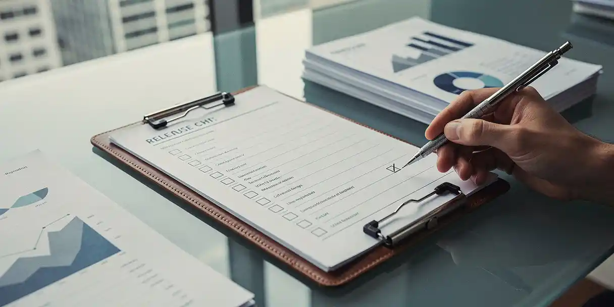 Leather-bound clipboard with a release checklist on a glass desk, surrounded by BI dashboard printouts and a mechanical pencil, lit by soft daylight.