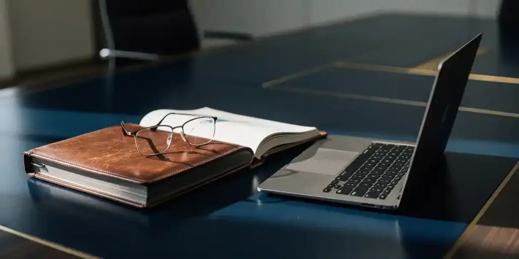Leather-bound risk register and laptop displaying data dashboards on a boardroom table, reading glasses resting on open pages.