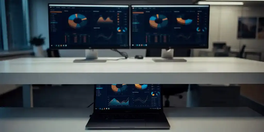 Rogue laptop glowing under a corporate desk, displaying unauthorized dashboards in shadow while official BI monitors shine above in amber and navy light.