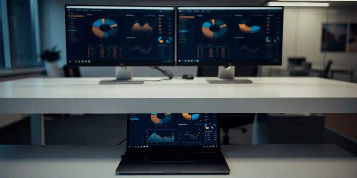 Rogue laptop glowing under a corporate desk, displaying unauthorized dashboards in shadow while official BI monitors shine above in amber and navy light.