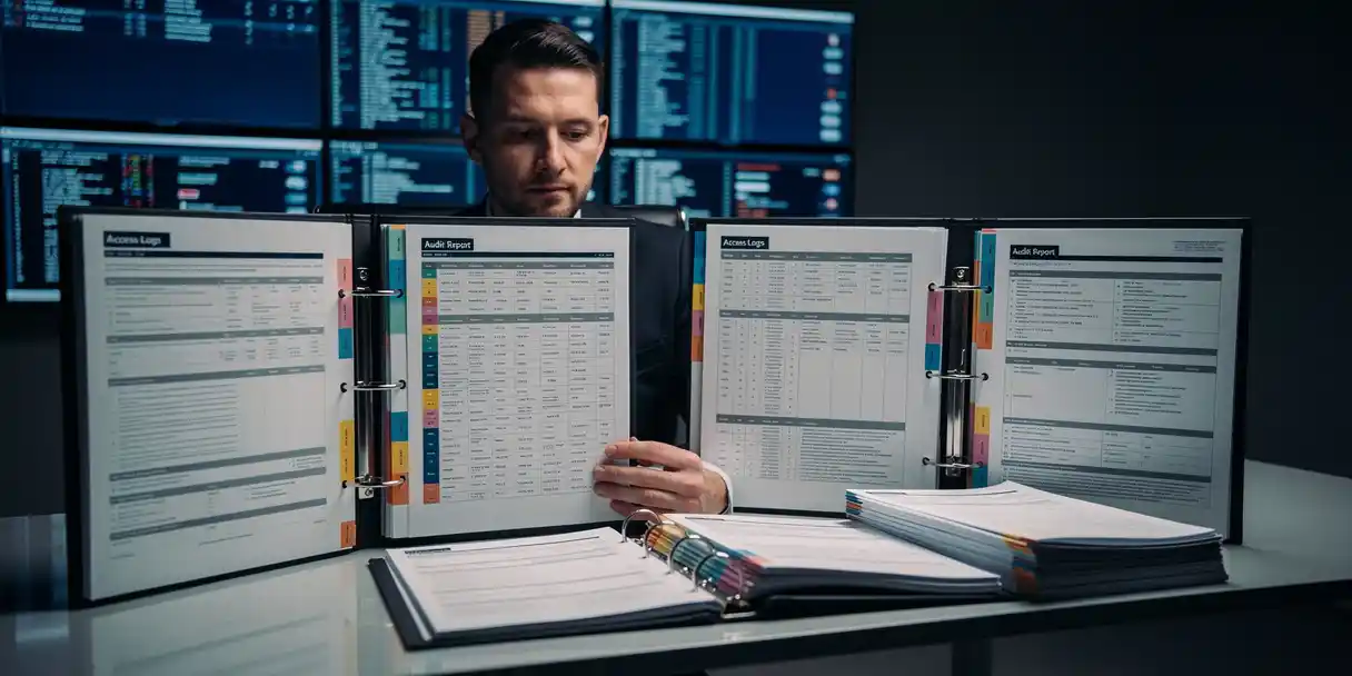 Security administrator reviewing color-coded access logs and printed audit reports spread across a corporate desk under dramatic overhead lighting.