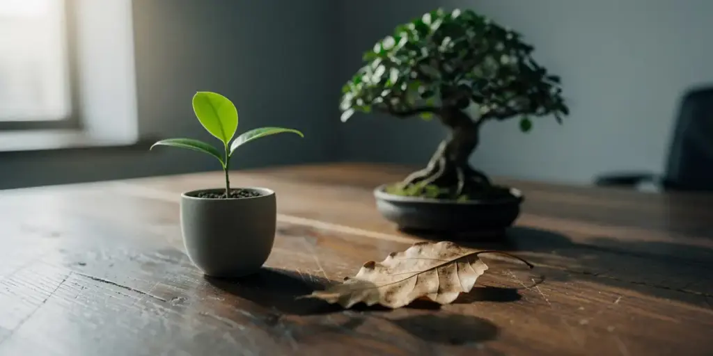 Weathered oak desk with a green seedling in a small pot, mature bonsai tree, and dried pressed leaf representing content lifecycle stages.