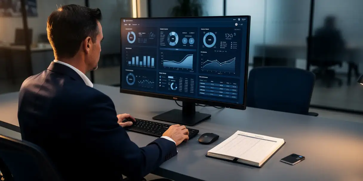 Senior analyst reviewing a security dashboard on a large monitor, with an audit logbook and access-control keycard on the desk nearby.