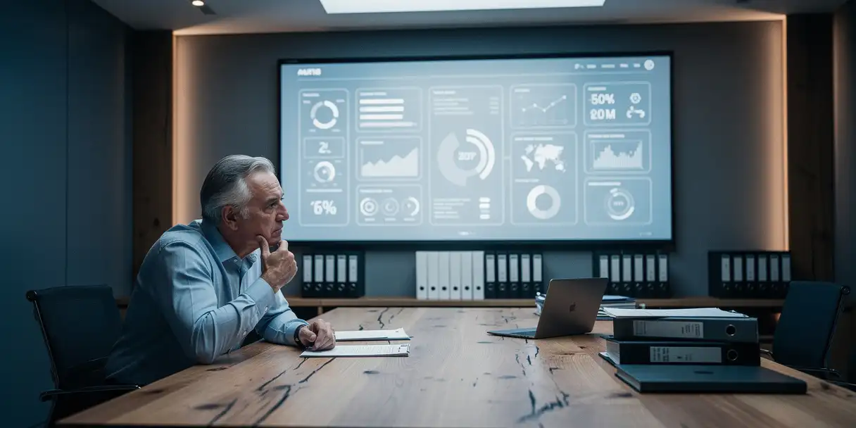 Senior analyst examining a wall-mounted enterprise dashboard with interconnected metric panels in a control room with slate blue and amber lighting.