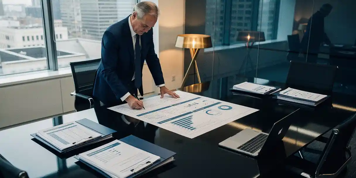 Senior analyst reviewing a printed enterprise dashboard at a glass-walled office, folders and deployment checklists spread across a polished conference table.