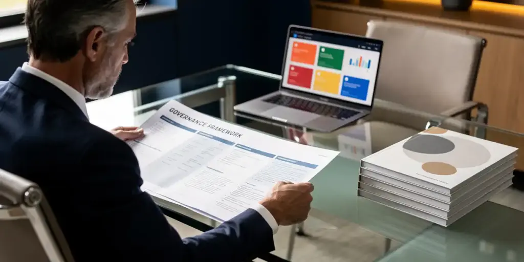 Senior analyst reviewing a printed governance framework document at a glass desk, with bound reports stacked nearby and a dashboard-displaying laptop in the background.