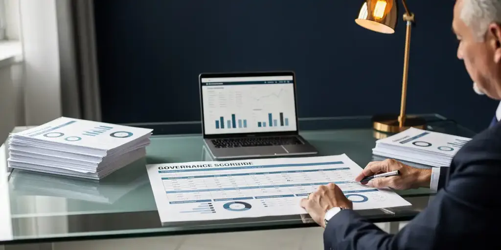 Senior analyst reviewing a printed governance scorecard at a glass desk surrounded by BI dashboard printouts and a laptop displaying data charts.