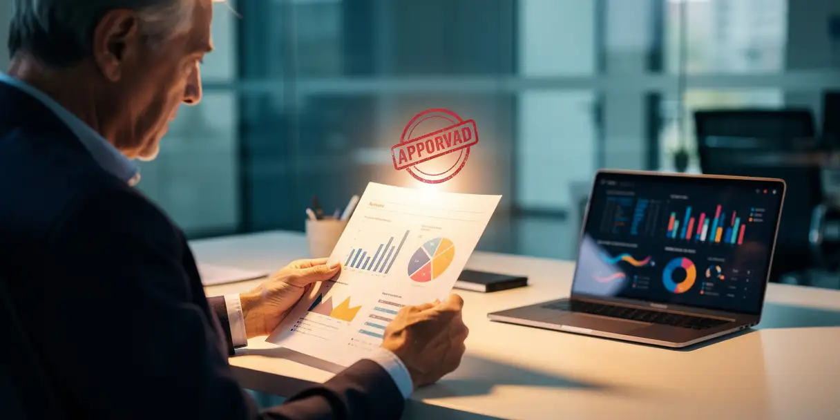 Senior analyst reviewing a printed BI dashboard report with a red approval stamp, laptop showing data charts in a modern glass-walled office.