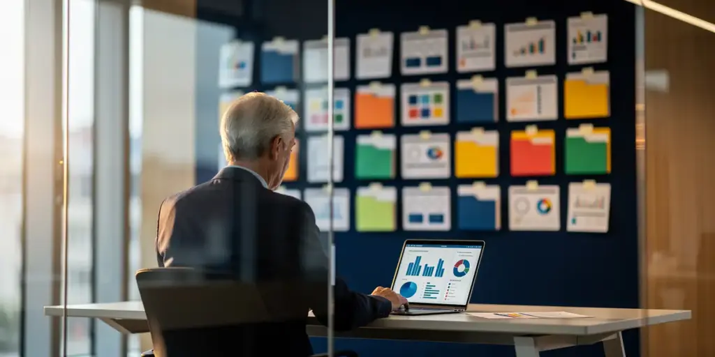 Senior analyst reviewing color-coded dashboard printouts and folders in a glass-walled office, laptop displaying data charts nearby.