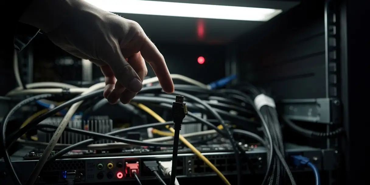 Developer's hand hovering over tangled server cables on a steel rack, with a disconnected cable dangling and a red warning light glowing in the background.