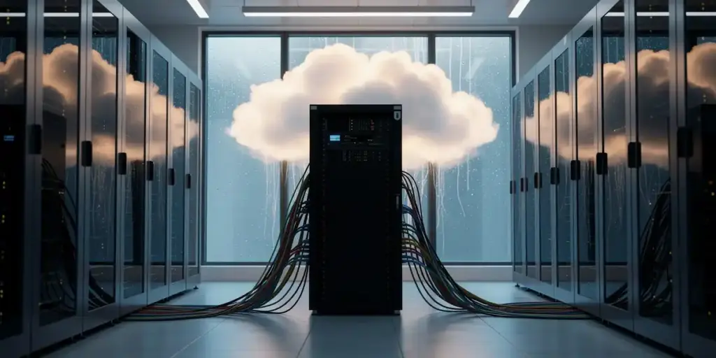 Server rack in a modern data center corridor with cables connecting to a glowing cloud formation through a floor-to-ceiling window.