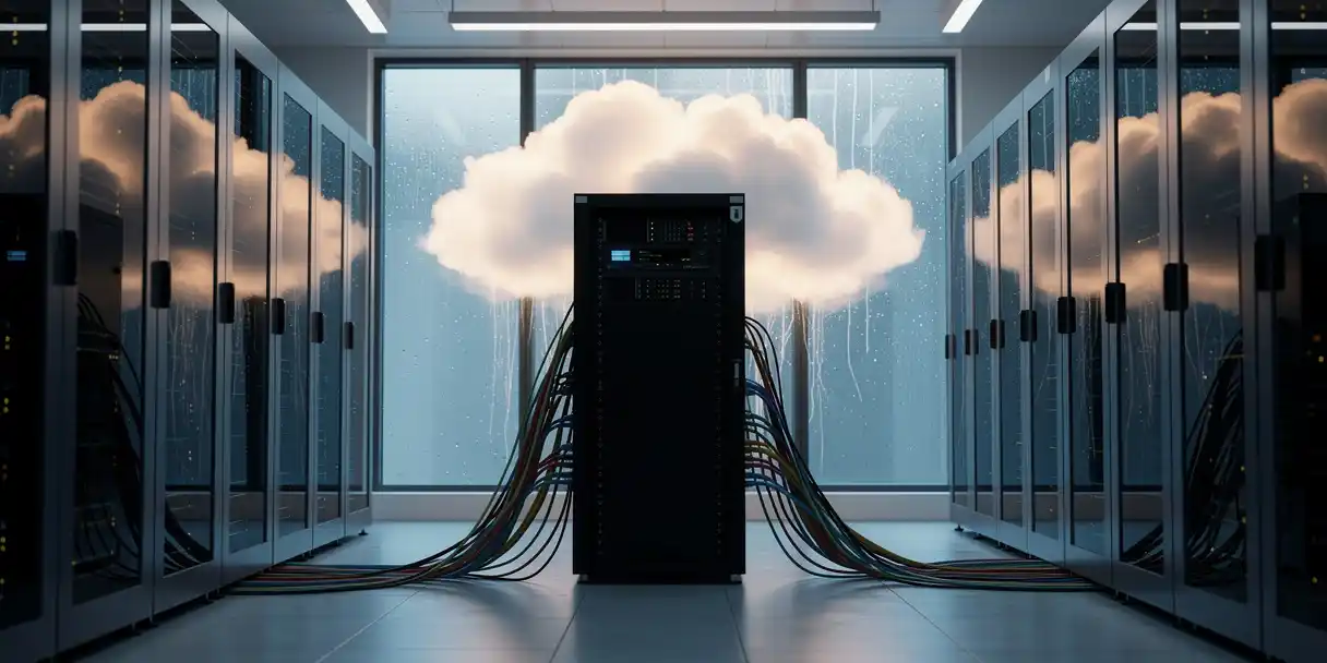 Server rack in a modern data center corridor with cables connecting to a glowing cloud formation through a floor-to-ceiling window.