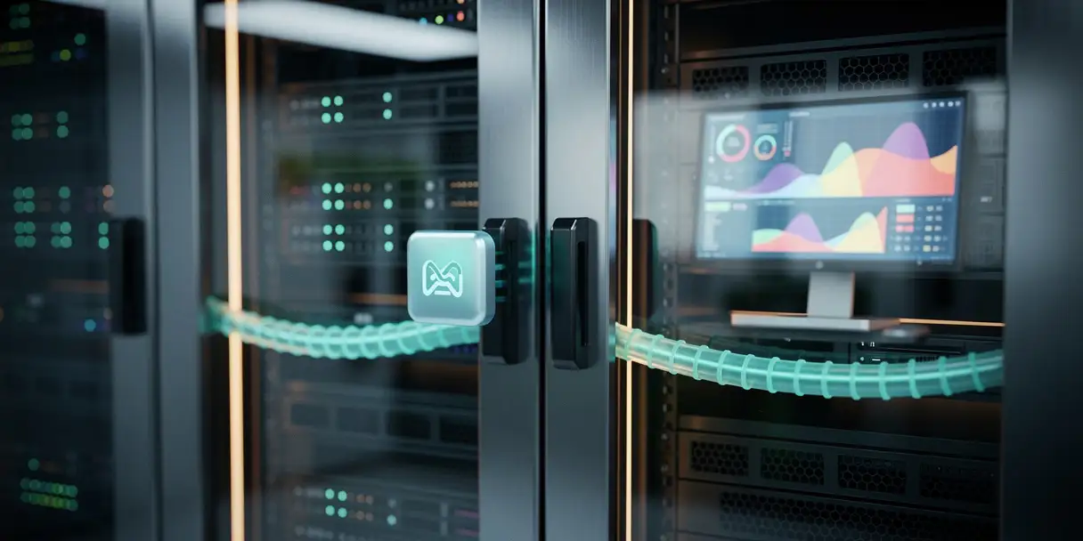 Server rack in a modern data center with an app icon transferring along a glowing cable between two nodes, steel blue and teal tones.