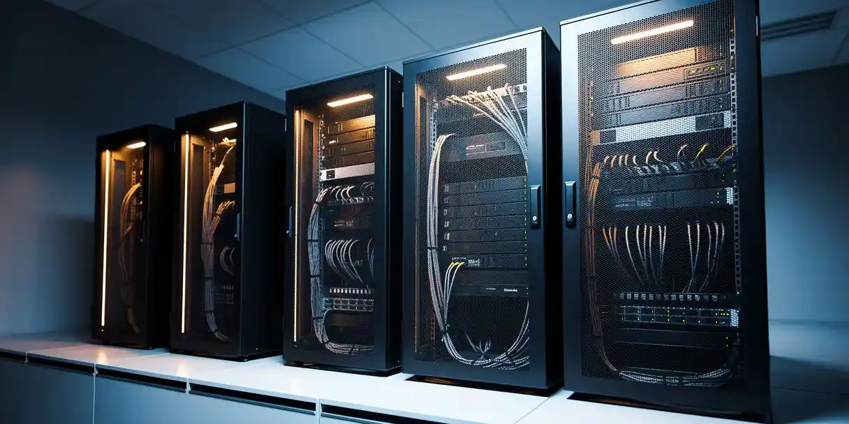 Five server rack modules on a raised data center floor, progressively illuminated from dark to fully lit in steel blue and amber tones.