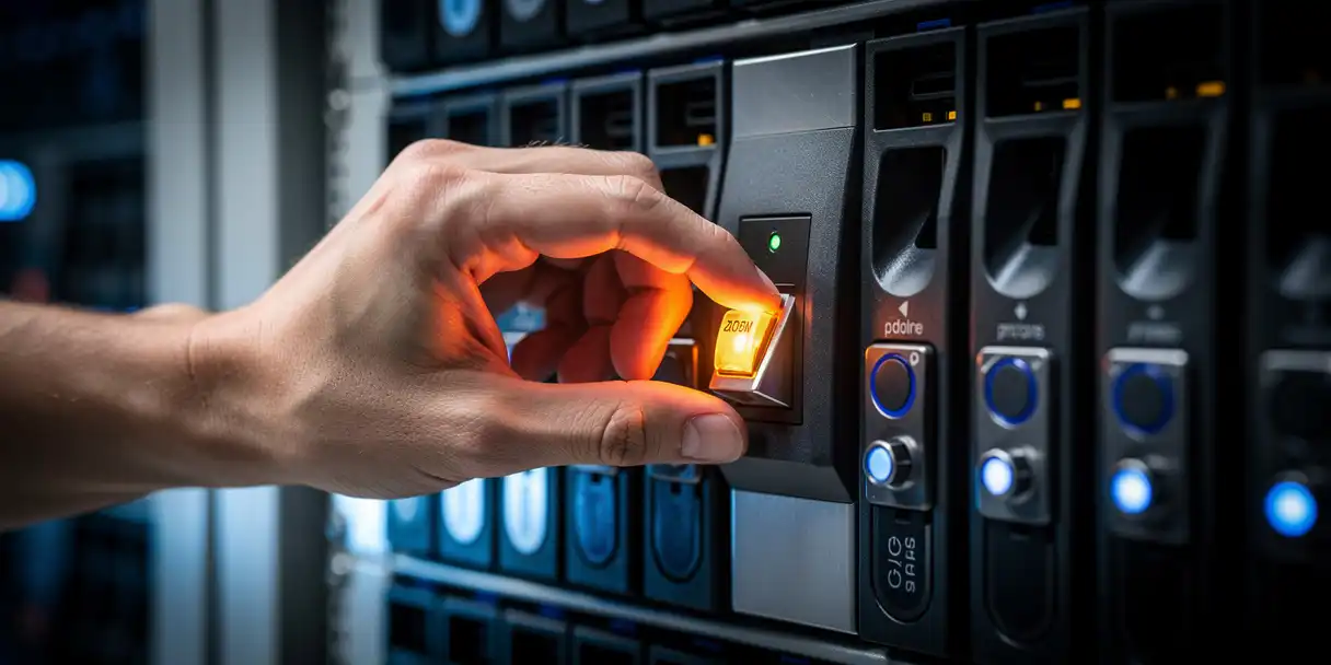 Developer's hand flipping a rollback switch on a server rack beside a glowing amber warning light on a failed module.