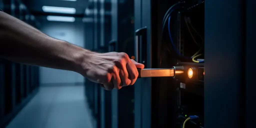 Developer's hand pulling an emergency lever on a server rack in a dimly lit data center, amber warning light casting dramatic shadows.