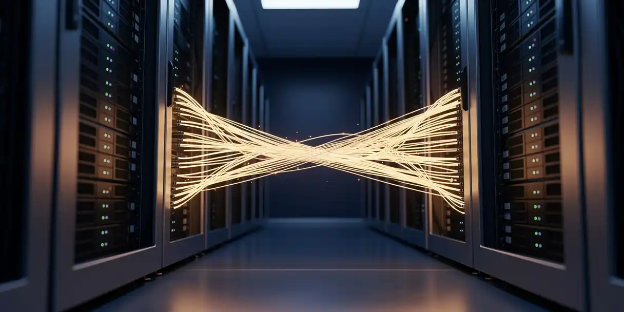 Glowing fiber-optic cables transferring data seamlessly between two server racks in a navy-toned enterprise data center corridor.