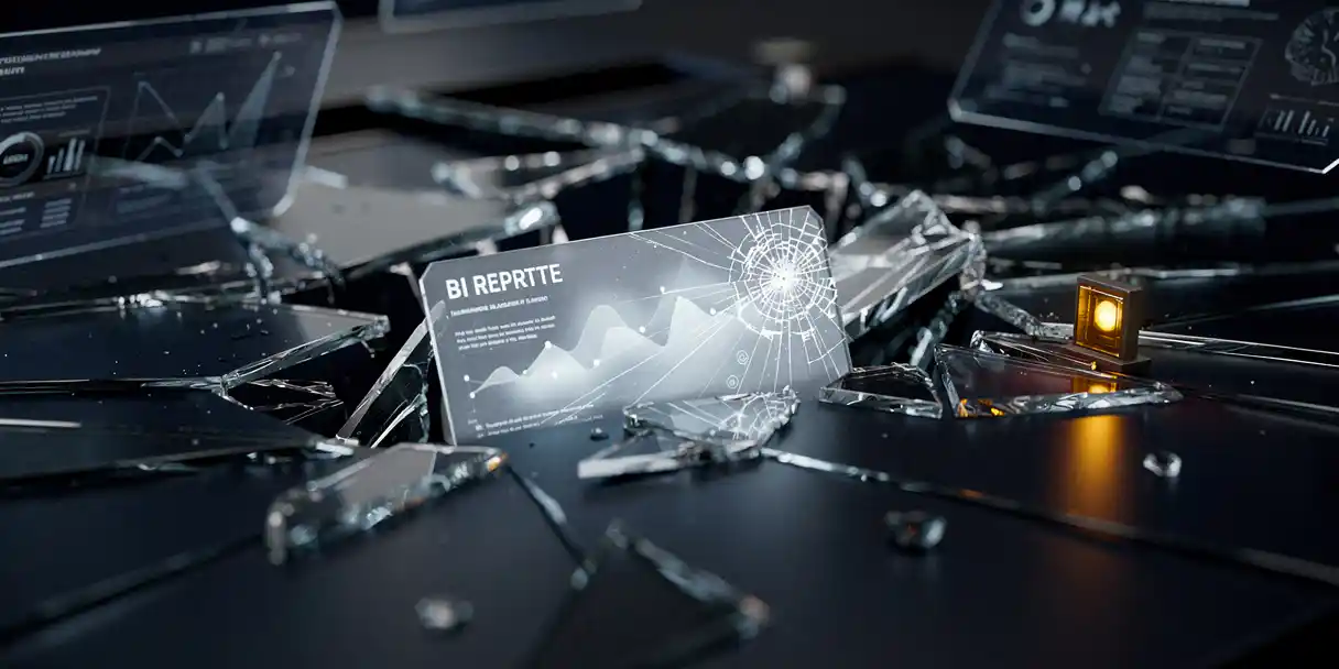 Shattered glass dashboard collapsing on an enterprise workstation, fragmented BI data panels scattering across a dark desk with a single amber warning light.