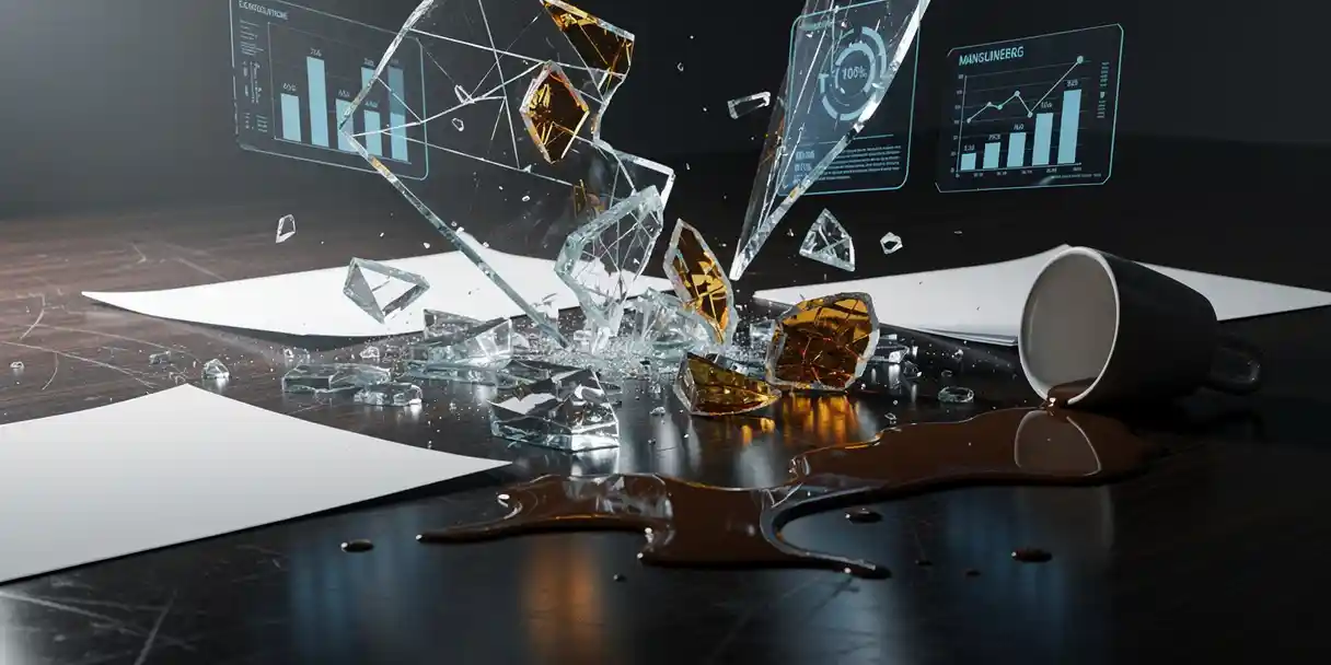 Shattered glass dashboard collapsing on a corporate desk with fragmented data charts, scattered papers, and overturned coffee cup in dramatic side lighting.