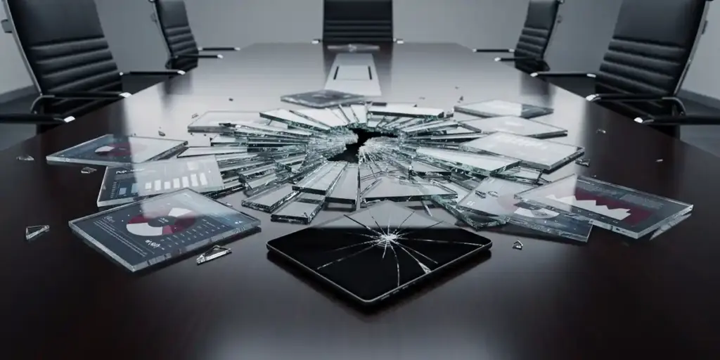 Shattered glass dashboard with fragmented data charts scattered across a corporate conference table beside a cracked tablet, empty executive chairs surrounding the debris.