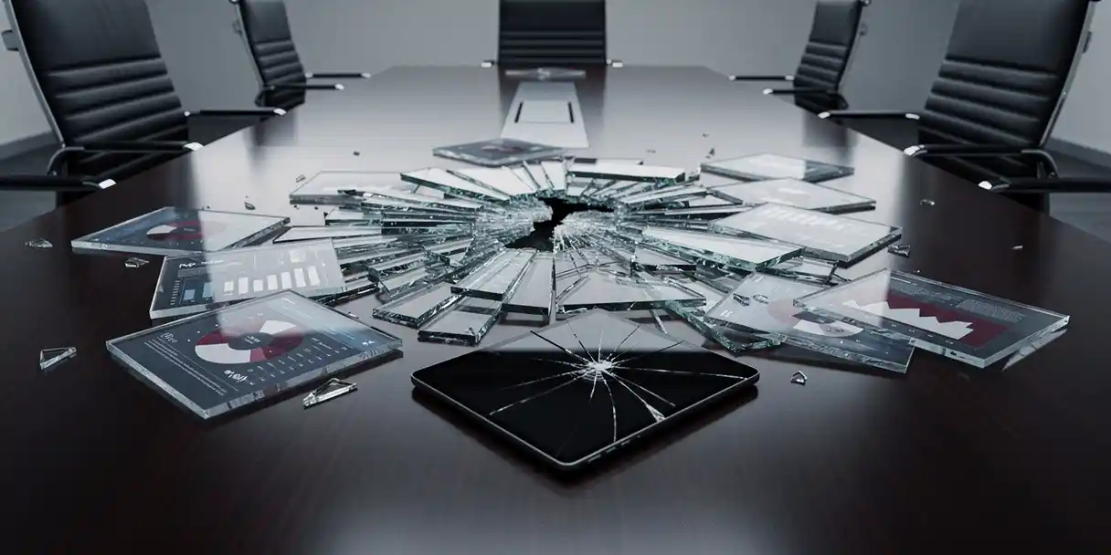 Shattered glass dashboard with fragmented data charts scattered across a corporate conference table beside a cracked tablet, empty executive chairs surrounding the debris.