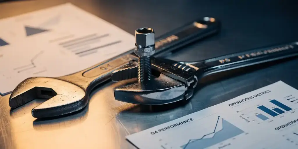 Precision socket wrench fitted onto a bolt next to a struggling adjustable wrench on a steel surface with BI dashboard printouts.