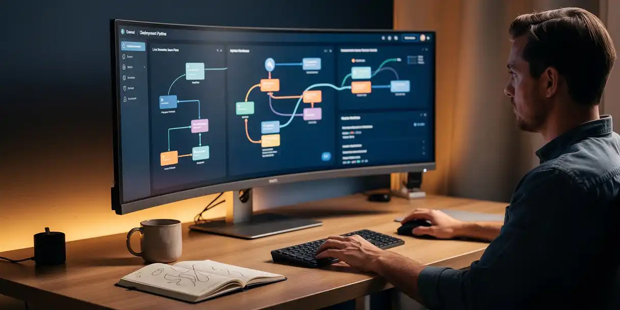 Software engineer reviewing a live deployment pipeline on a curved monitor showing dashboard charts and version branches in a modern workspace.