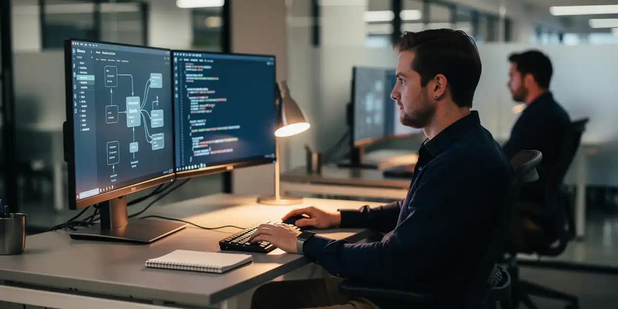 Software engineer reviewing deployment pipeline code on dual monitors in a modern open-plan office, colleague working in background.