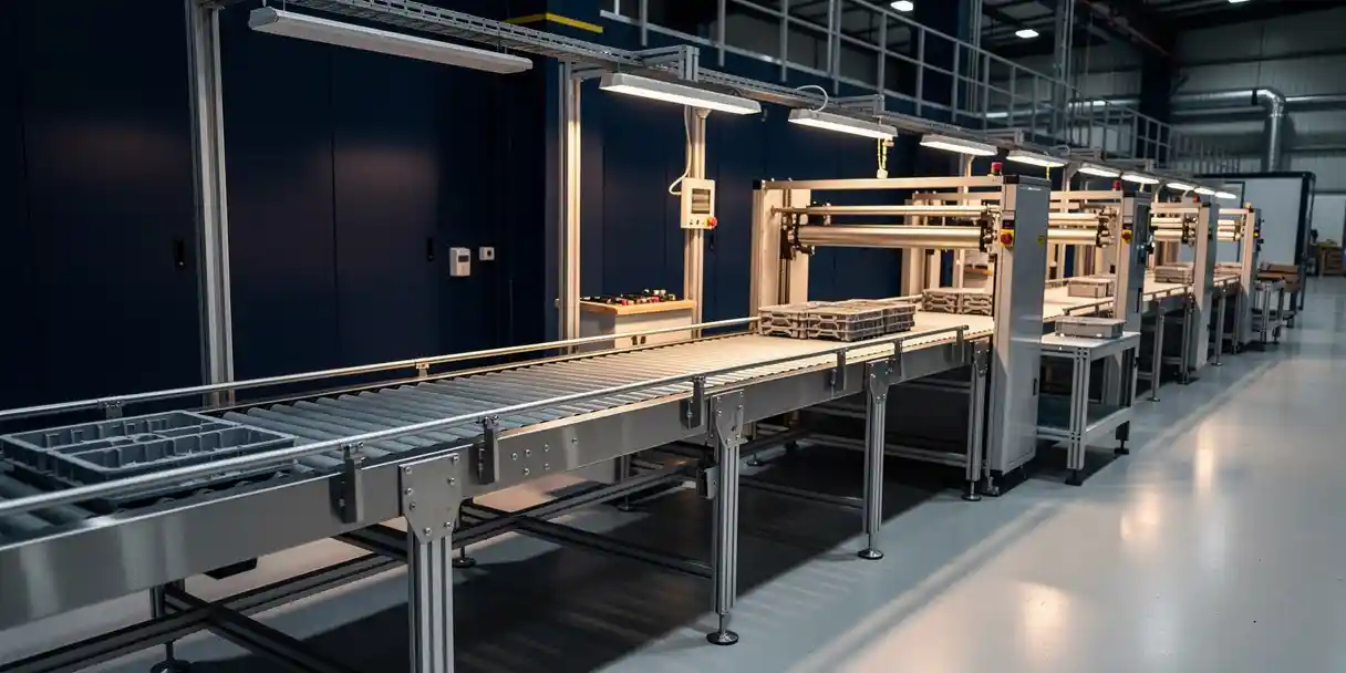 Steel assembly line with sequential stations transforming raw components into finished products, lit by warm amber accents in a modern industrial facility.