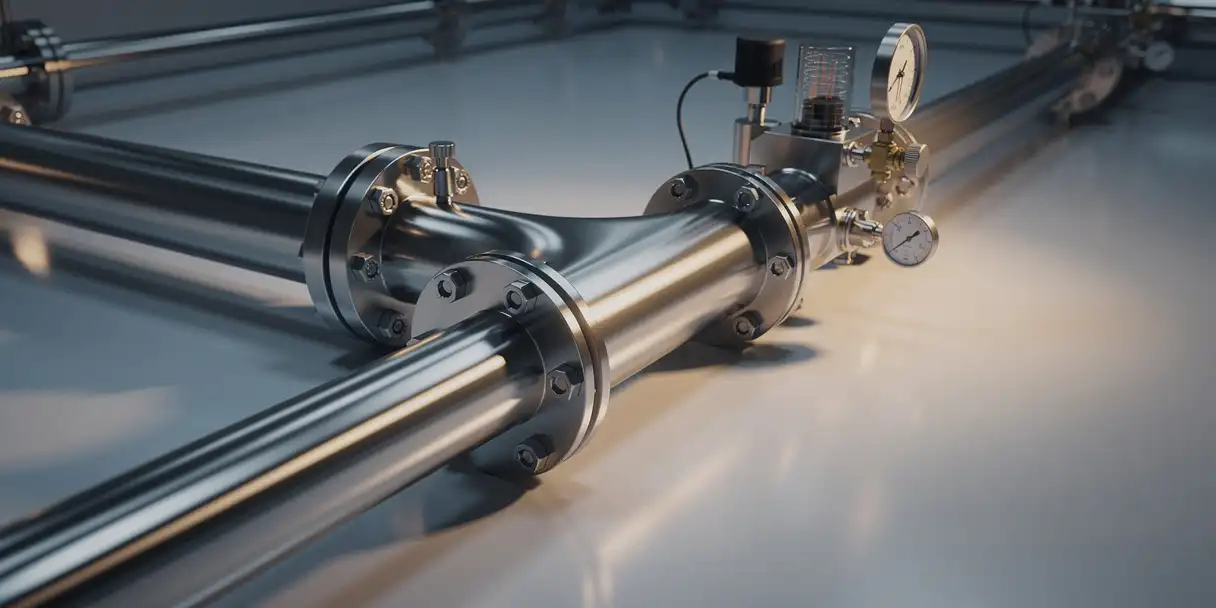 Steel pipes converging into a single polished conduit with integrated pressure gauges and data reels on an industrial surface.