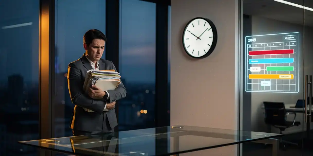 Stressed project manager clutching overdue reports beside a misaligned wall clock and digital calendar showing conflicting deadlines in a modern office.