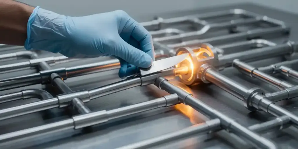 Surgeon's hand inserting a scalpel into interlocking metal pipes, one glowing amber, on a steel workbench under clinical lighting.