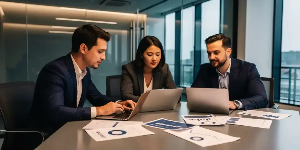Three professionals collaborating around a conference table with laptops and dashboard reports in a modern glass-walled office.