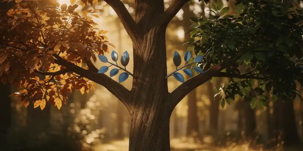 Three tree branches diverging from one trunk with amber, steel blue, and green leaves representing software version paths in golden-hour light.
