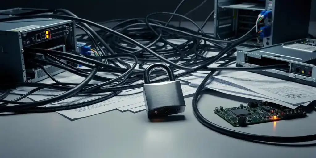 Tangled server cables and an open padlock on a corporate desk beside exposed hard drives and scattered documents, highlighting data security risks.