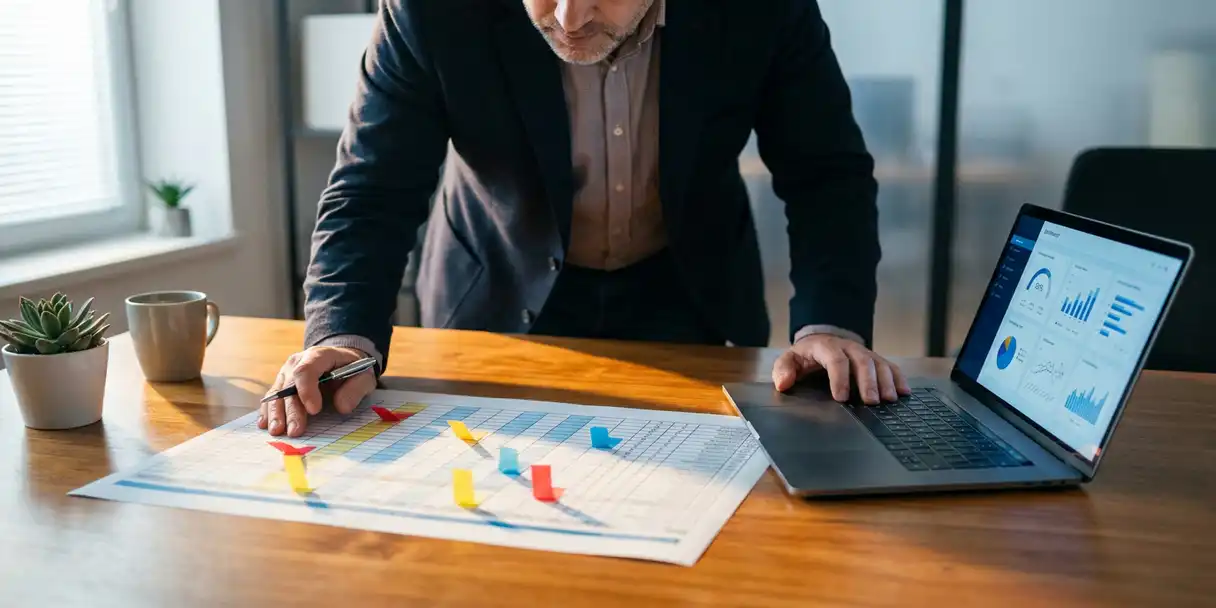 IT administrator reviewing a printed access matrix spreadsheet with colored sticky flags, laptop displaying a BI dashboard on a modern desk.