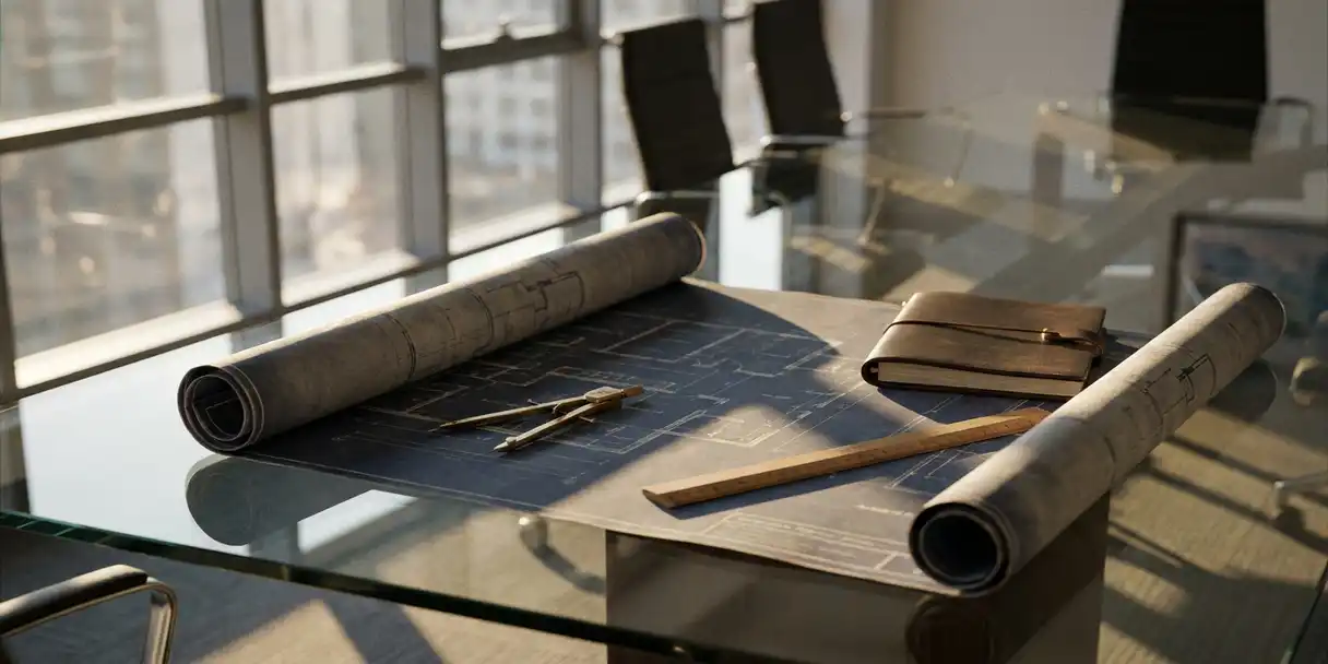Architectural blueprint unrolled on a glass conference table, held by a compass, ruler, and leather notebook, in navy, slate grey, and gold tones.