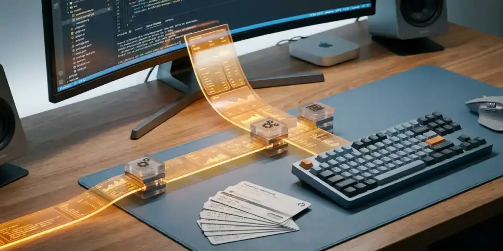 Amber data dashboards flowing across developer monitors through staged deployment environments, with version history cards fanned beside a keyboard on a modern desk.