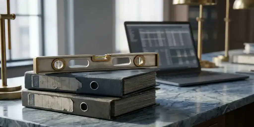 Architect's level balanced on regulatory compliance binders atop a marble banking desk, laptop with dashboard grids softly blurred behind.
