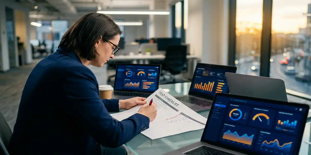 BI analyst marking final checkboxes on a printed test checklist at a glass desk surrounded by laptops showing dashboard charts.