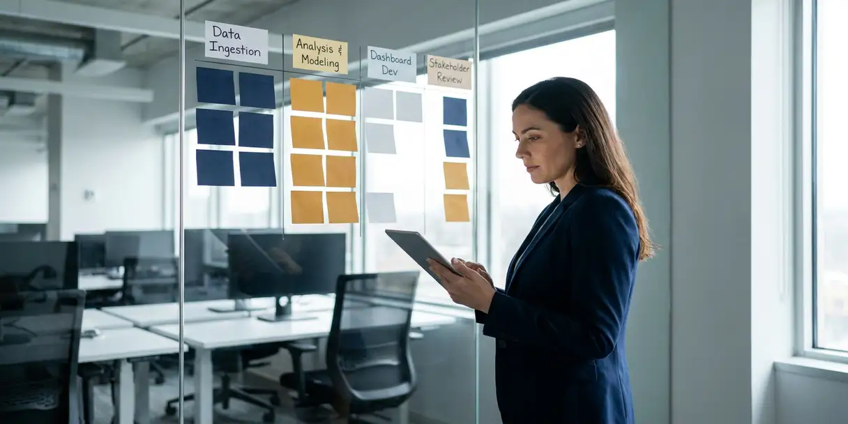 BI analyst reviewing a color-coded project planning board with sticky notes on a glass office wall, organized by team roles and responsibilities.
