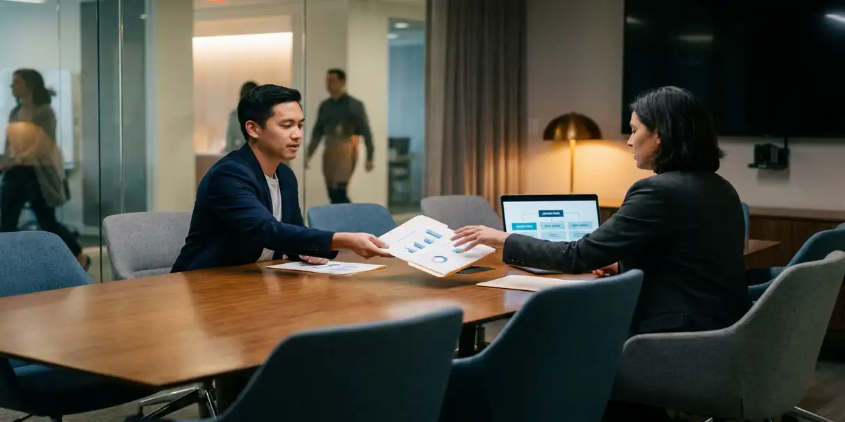 BI analyst passing dashboard printout folder to external partner in glass-walled conference room, laptop showing access tiers in background.