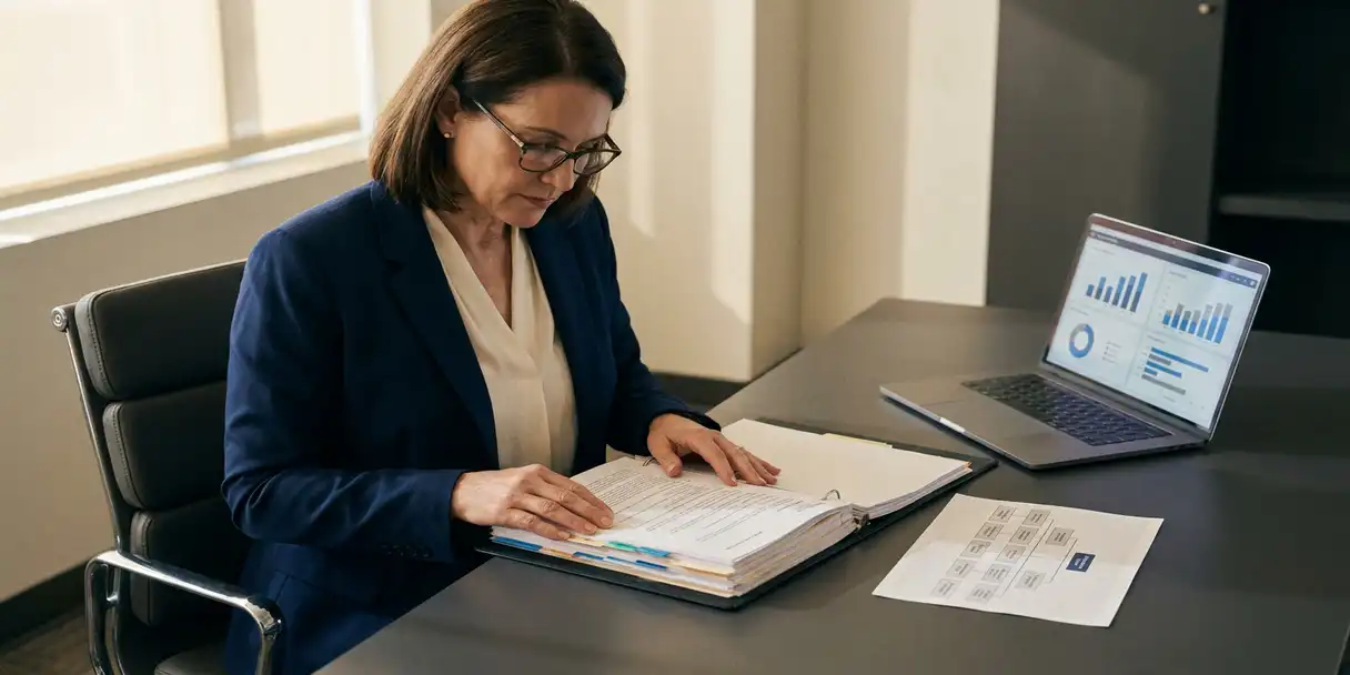 Compliance officer reviewing BI audit documentation binder at corporate desk with laptop displaying dashboard analytics nearby.
