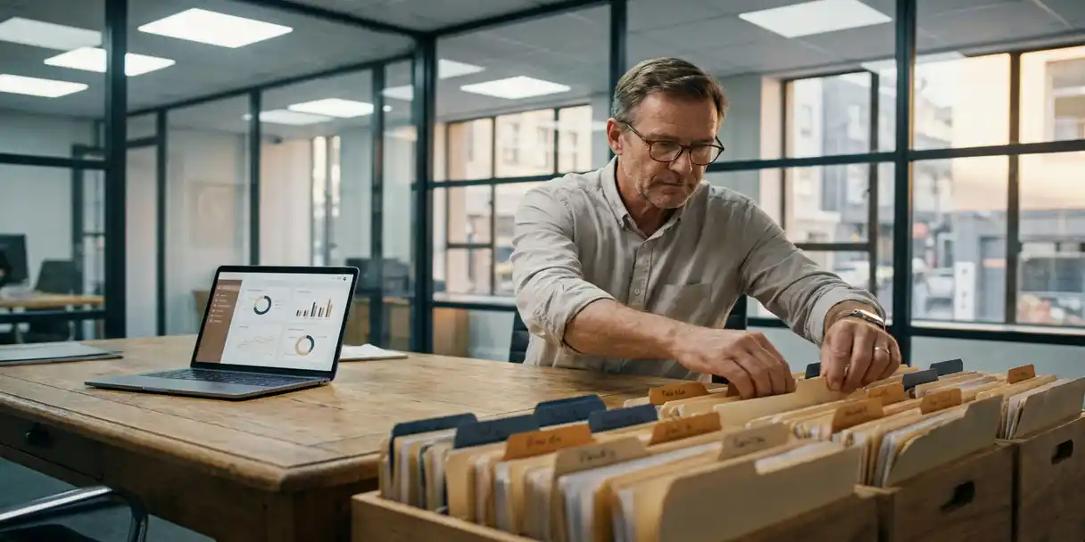 Senior analyst organizing color-coded BI dashboard folders on an oak desk beside a laptop showing data visualizations, in a glass-walled office.