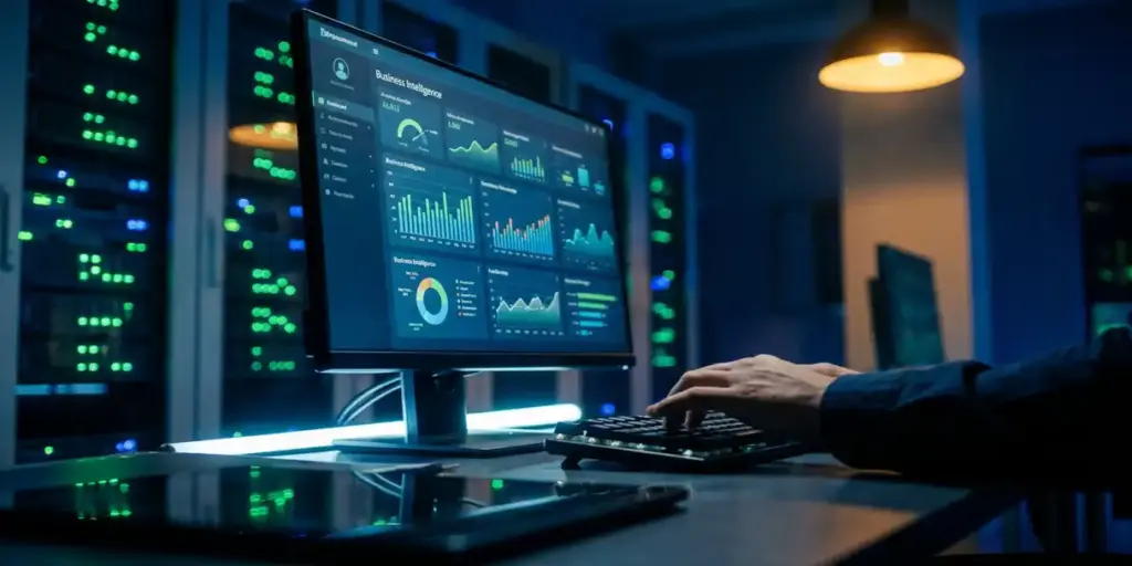 Technician typing on a keyboard beside a glowing BI dashboard monitor in a dim server room with green status indicators.