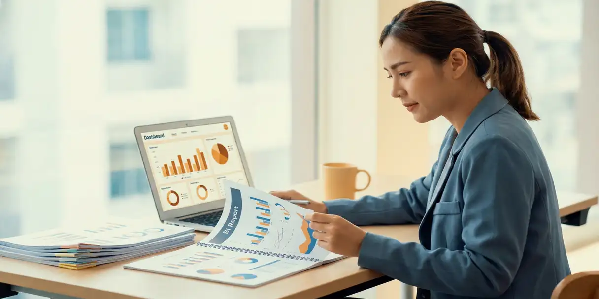 Business professional reviewing a printed BI dashboard report at a modern desk with data printouts and a laptop showing colorful charts.