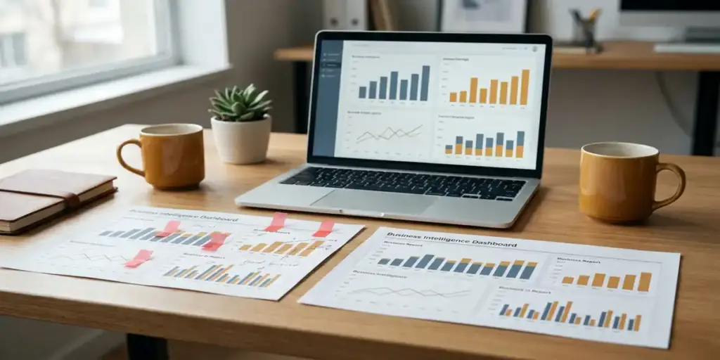 Two printed BI dashboard reports on a developer desk, one marked with red sticky-tab corrections beside a laptop displaying data visualizations.