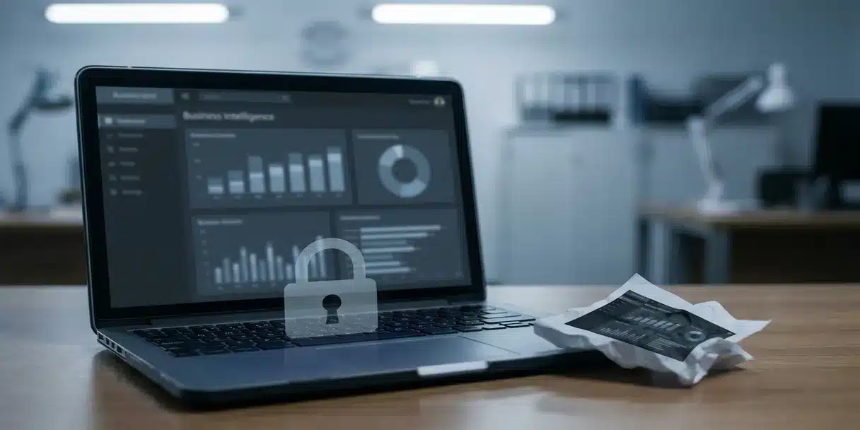 Laptop showing a secured BI dashboard with a physical lock on the keyboard and a rejected printed report beside it in a dimly lit office.
