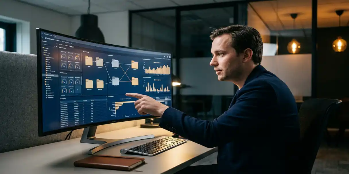 BI platform administrator managing dashboard access controls and permission hierarchies on a large monitor in a modern office.